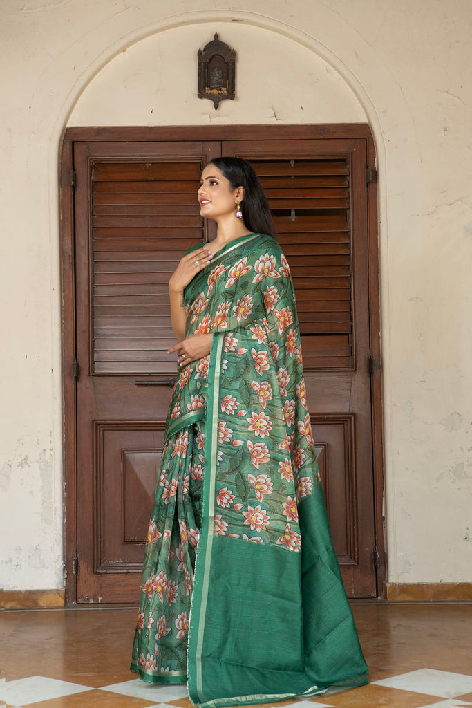 ROYAL : Green Pichwai Printed Organza Saree Organza Saree stylefables   