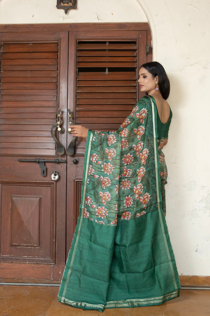 ROYAL : Green Pichwai Printed Organza Saree Organza Saree stylefables   