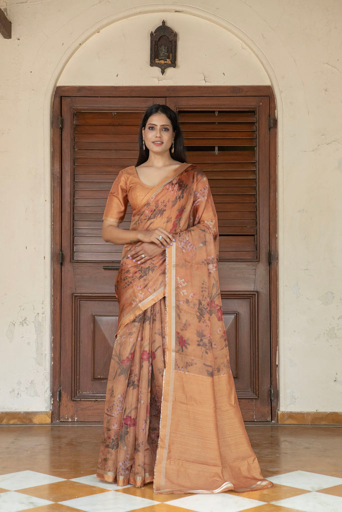 NARGIS : Orange Floral Printed Organza Saree Organza Saree stylefables   