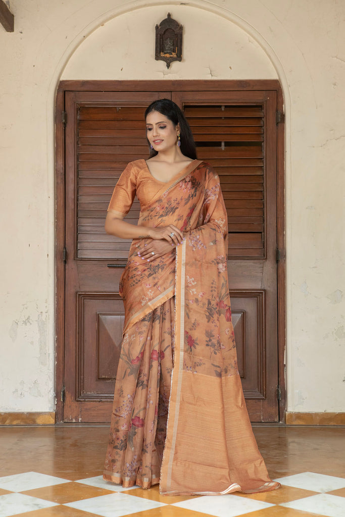 NARGIS : Orange Floral Printed Organza Saree Organza Saree stylefables   