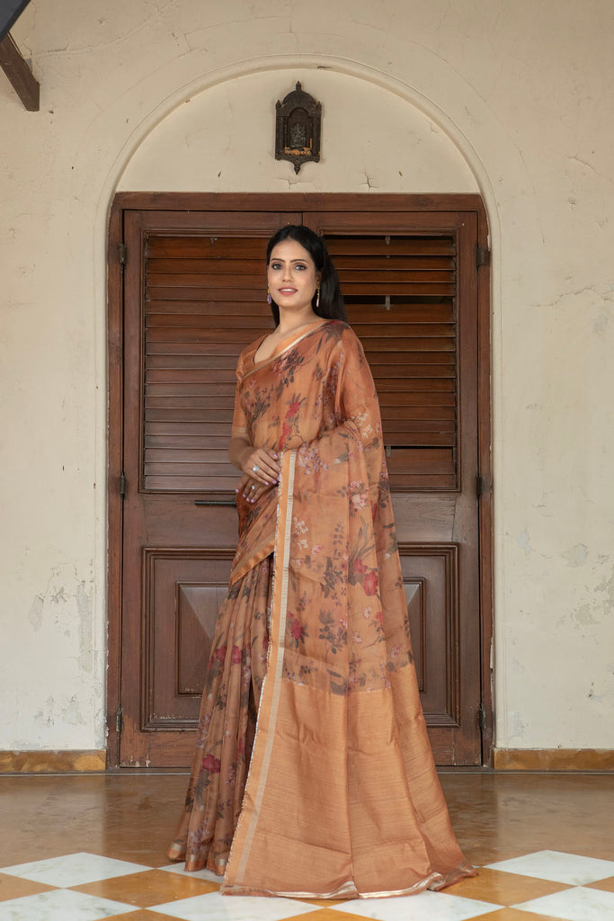 NARGIS : Orange Floral Printed Organza Saree Organza Saree stylefables   