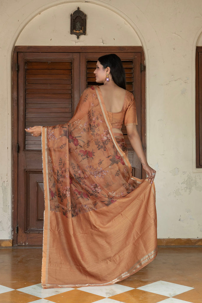 NARGIS : Orange Floral Printed Organza Saree Organza Saree stylefables   