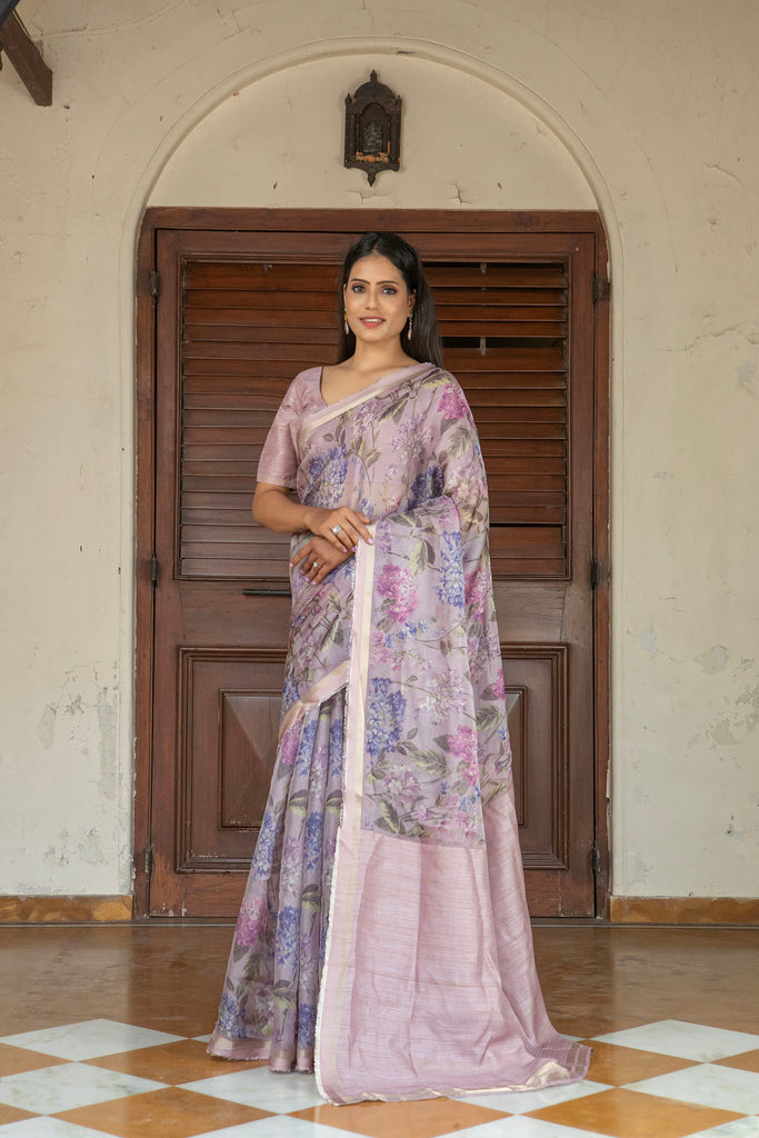 LILAC : Lavender Floral Printed Organza Saree Organza Saree stylefables   