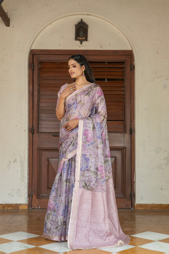 LILAC : Lavender Floral Printed Organza Saree Organza Saree stylefables   