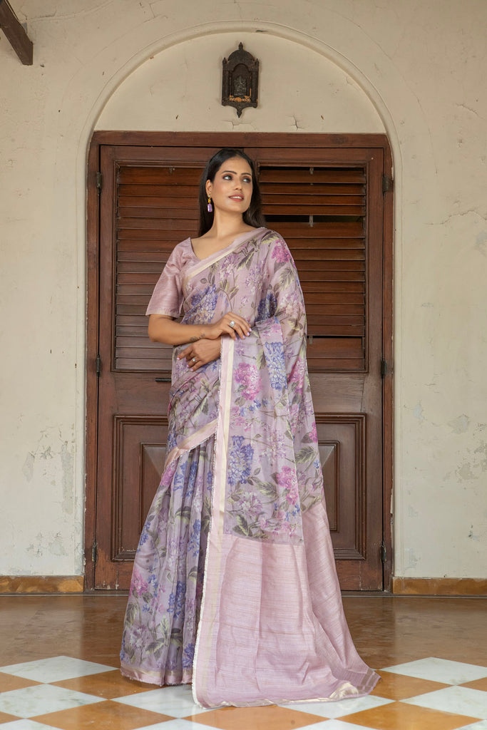 LILAC : Lavender Floral Printed Organza Saree Organza Saree stylefables   