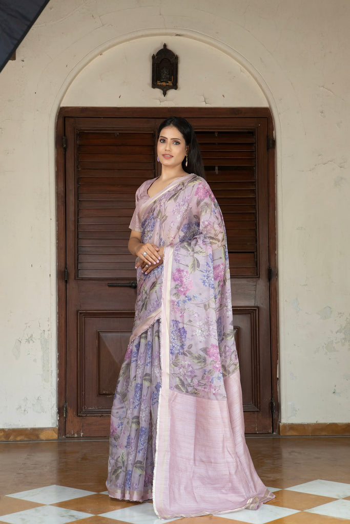 LILAC : Lavender Floral Printed Organza Saree Organza Saree stylefables   