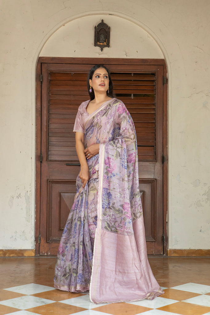 LILAC : Lavender Floral Printed Organza Saree Organza Saree stylefables   