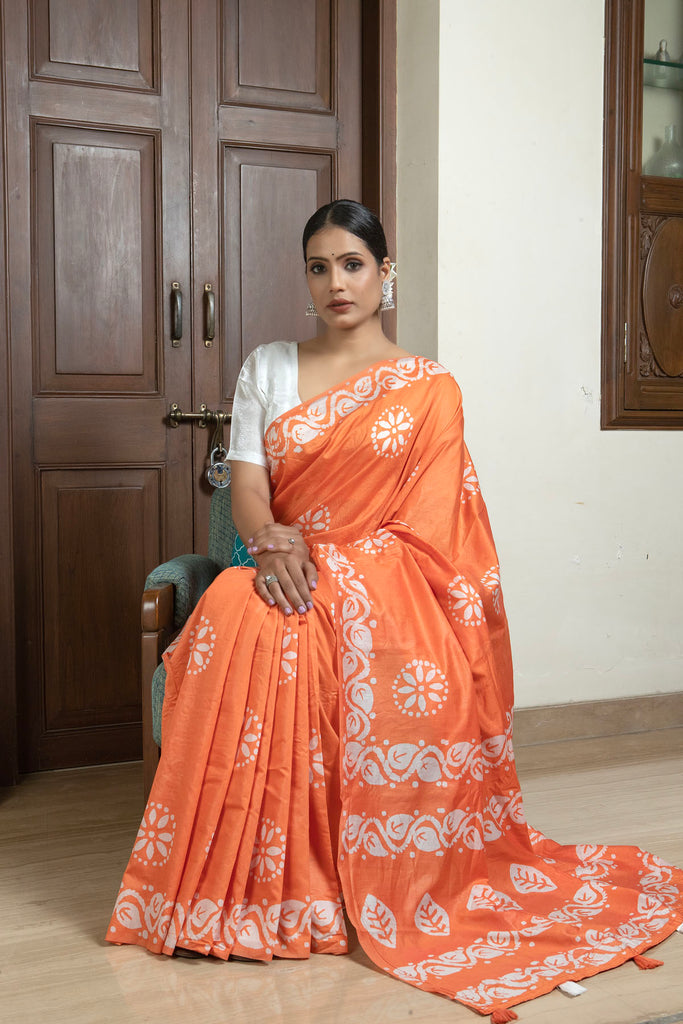 AALIA : Orange Cotton Saree Cotton Saree stylefables   