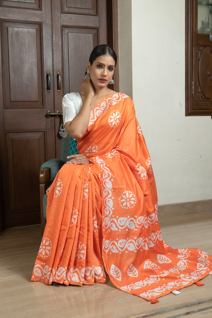 AALIA : Orange Cotton Saree Cotton Saree stylefables   