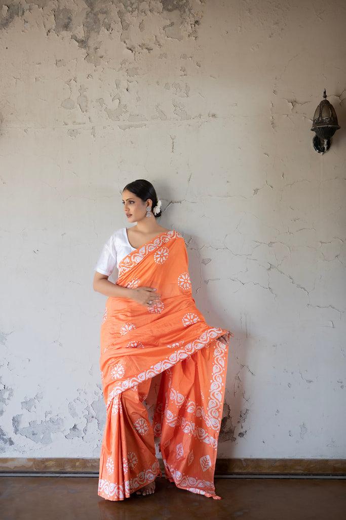 AALIA : Orange Cotton Saree Cotton Saree stylefables   