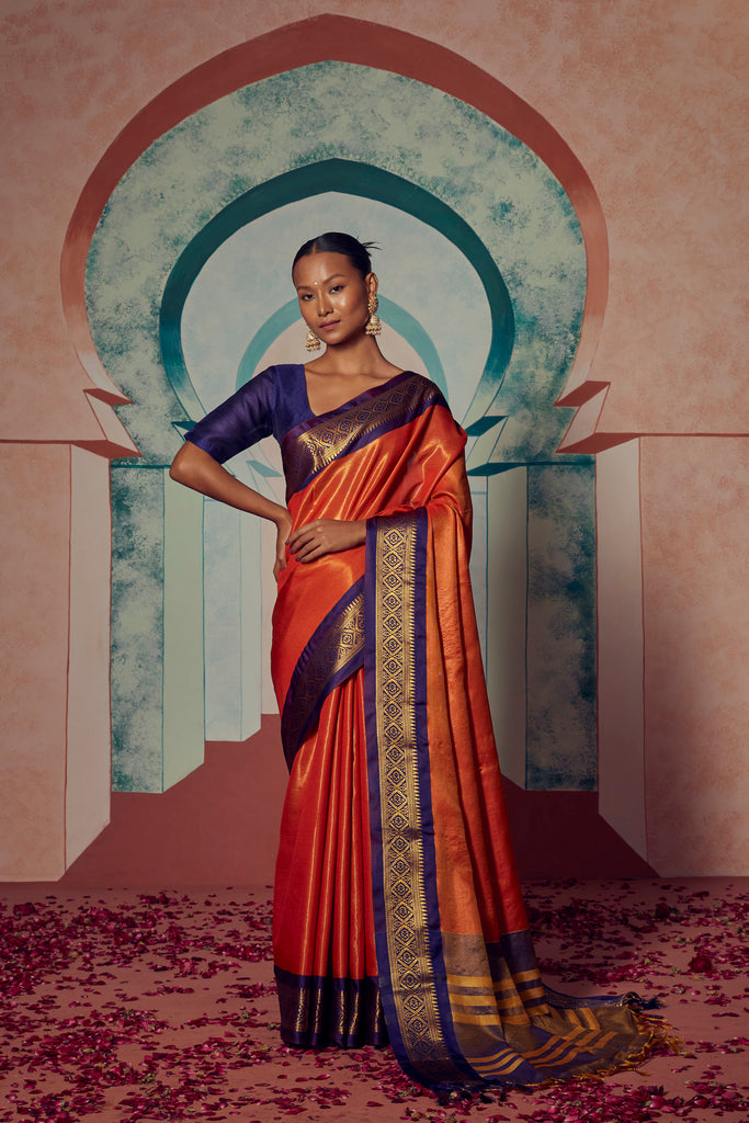 ROYAL RADIANCE- ORANGE SILK WITH CONTRAST ZARI BORDER SAREE Cotton Saree stylefables   