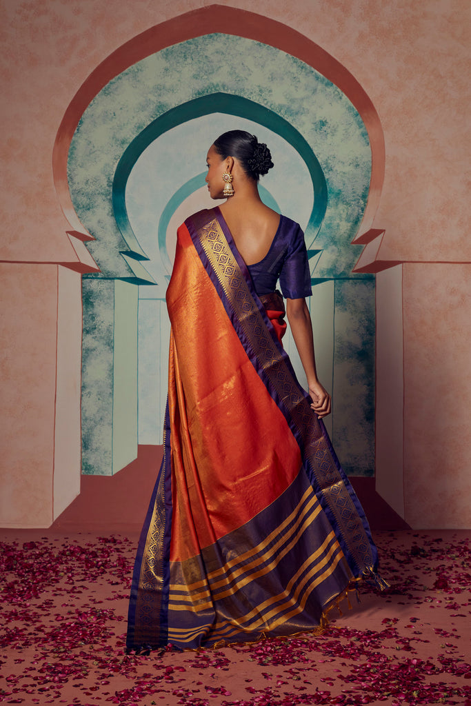 ROYAL RADIANCE- ORANGE SILK WITH CONTRAST ZARI BORDER SAREE Cotton Saree stylefables   