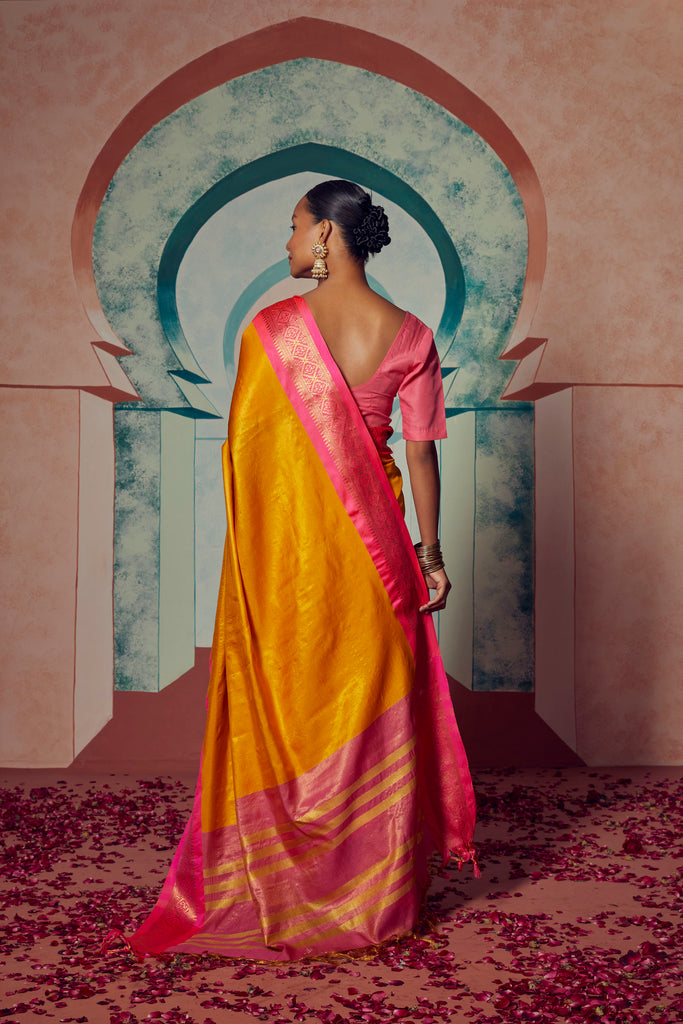 ROYAL RADIANCE- YELLOW SILK WITH CONTRAST ZARI BORDER SAREE Cotton Saree stylefables   