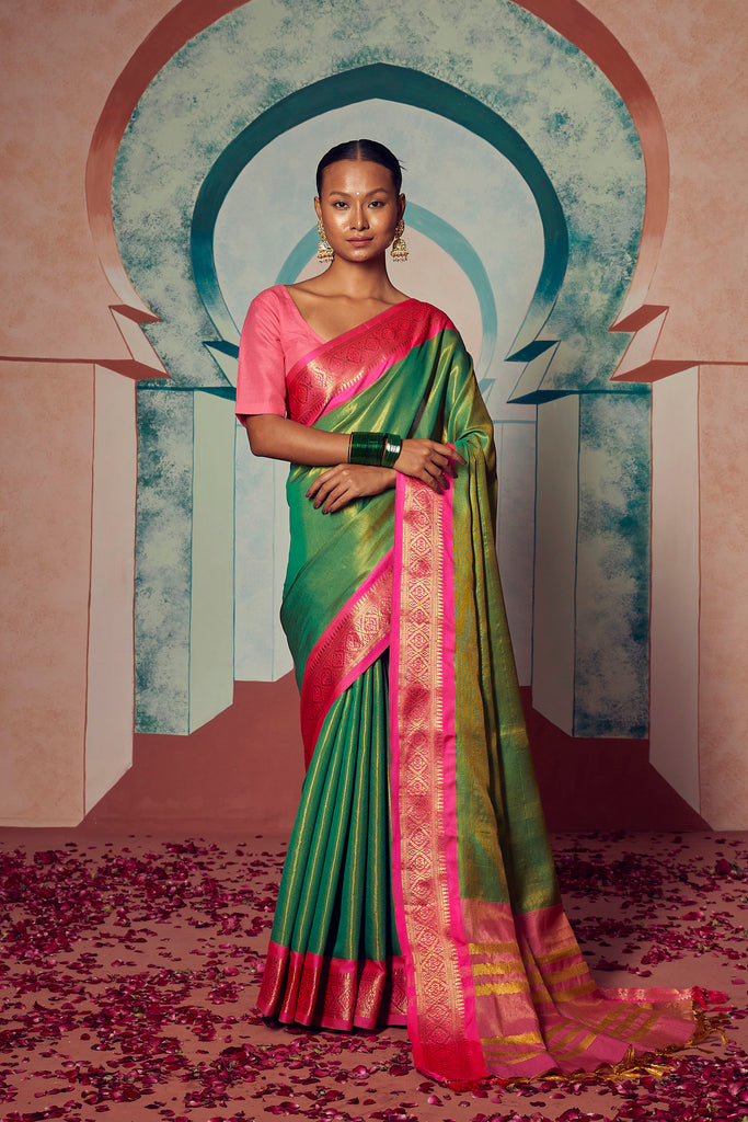 ROYAL RADIANCE- GREEN SILK WITH CONTRAST ZARI BORDER SAREE Cotton Saree stylefables   