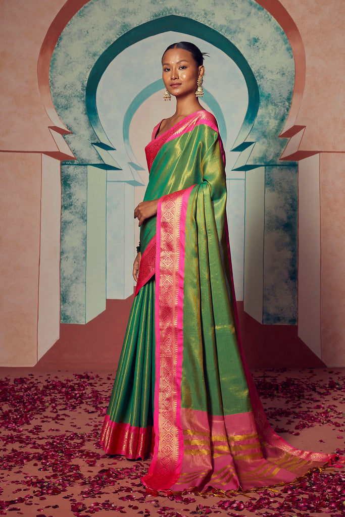 ROYAL RADIANCE- GREEN SILK WITH CONTRAST ZARI BORDER SAREE Cotton Saree stylefables   