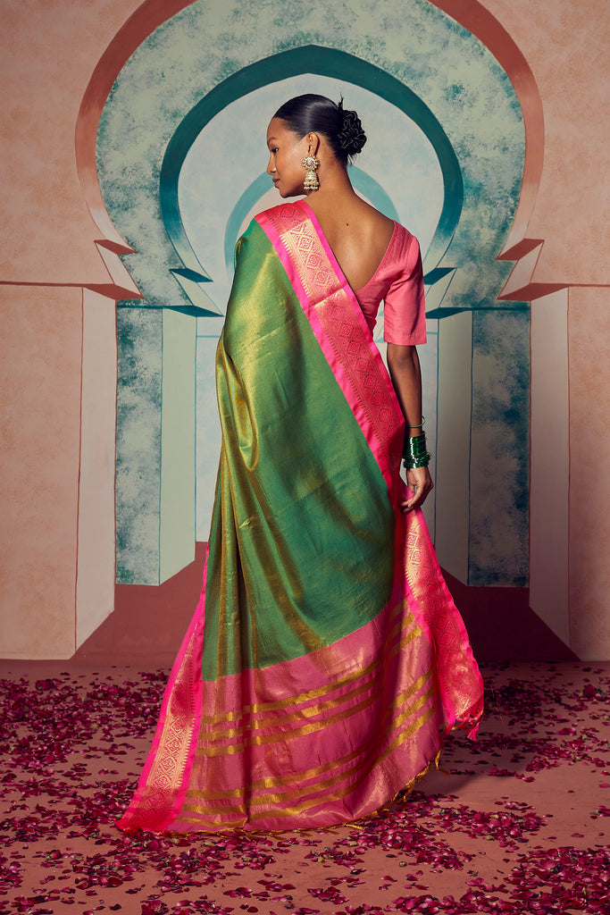 ROYAL RADIANCE- GREEN SILK WITH CONTRAST ZARI BORDER SAREE Cotton Saree stylefables   