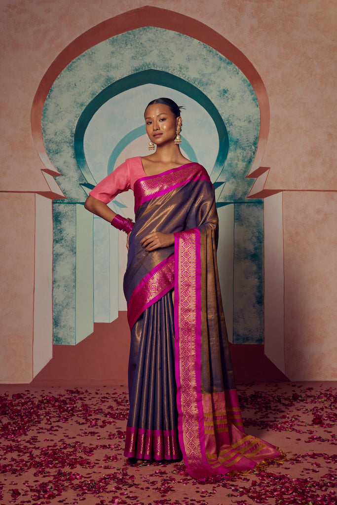 ROYAL RADIANCE- BROWN SILK WITH CONTRAST ZARI BORDER SAREE Cotton Saree stylefables   