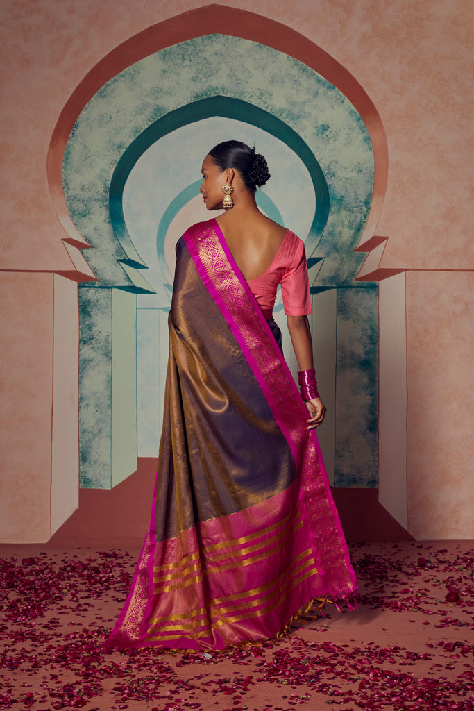 ROYAL RADIANCE- BROWN SILK WITH CONTRAST ZARI BORDER SAREE Cotton Saree stylefables   