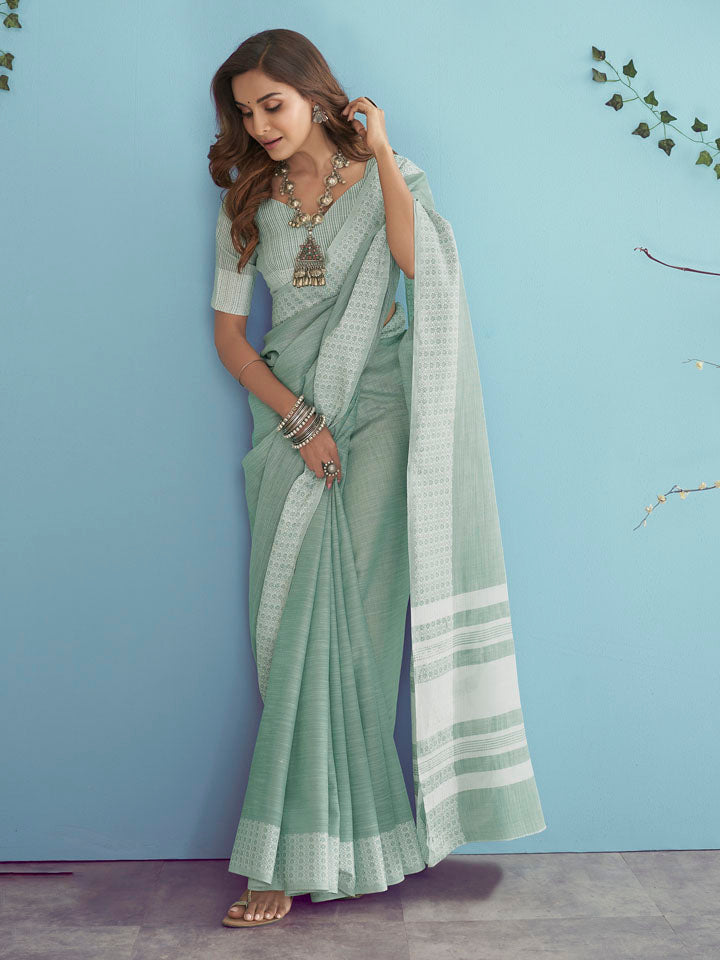 KAPAS : Green Linen Saree Linen Saree stylefables   