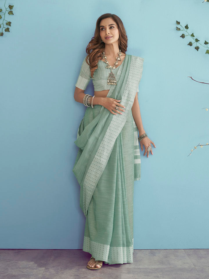 KAPAS : Green Linen Saree Linen Saree stylefables   