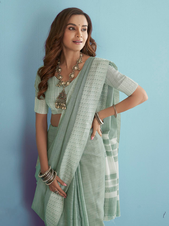 KAPAS : Green Linen Saree Linen Saree stylefables   