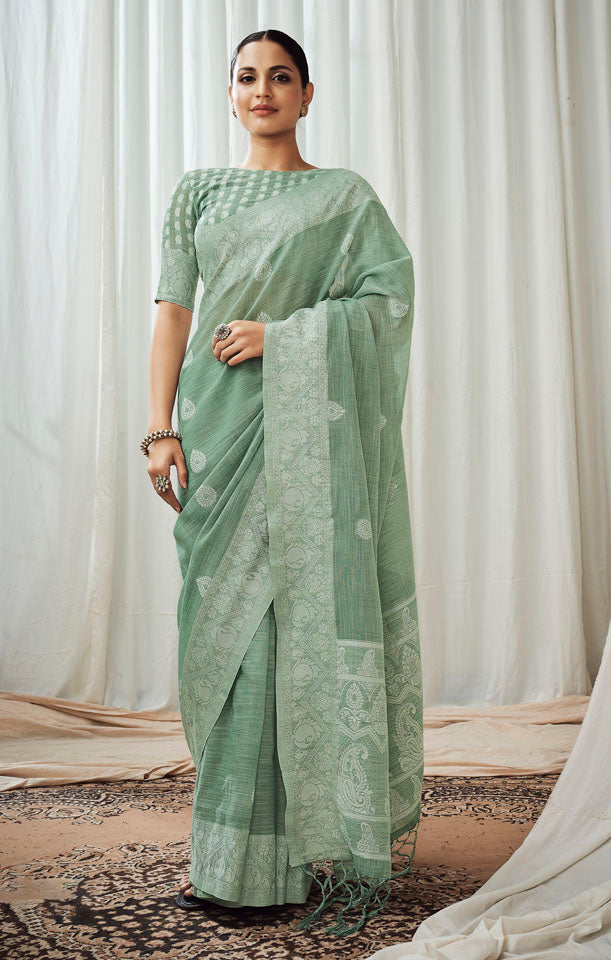 CHARKHA : Green Linen Saree Linen Saree stylefables   