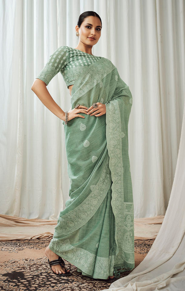 CHARKHA : Green Linen Saree Linen Saree stylefables   