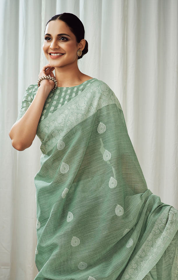 CHARKHA : Green Linen Saree Linen Saree stylefables   