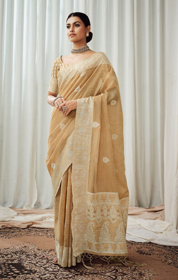 CHARKHA : Rust Linen Saree Linen Saree stylefables   