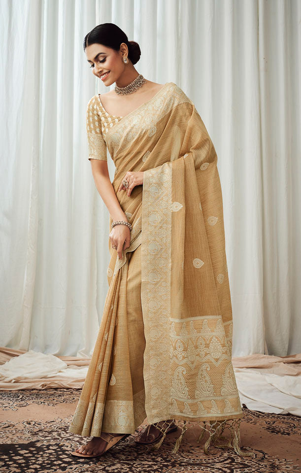 CHARKHA : Rust Linen Saree Linen Saree stylefables   