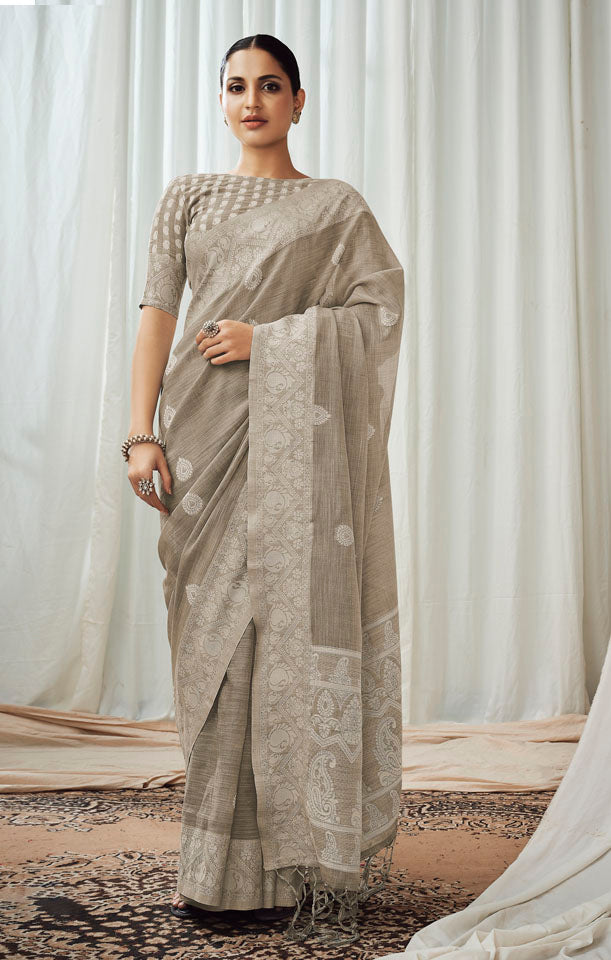 CHARKHA : Grey Linen Saree Linen Saree stylefables   