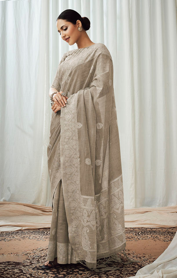 CHARKHA : Grey Linen Saree Linen Saree stylefables   