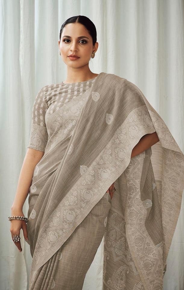 CHARKHA : Grey Linen Saree Linen Saree stylefables   