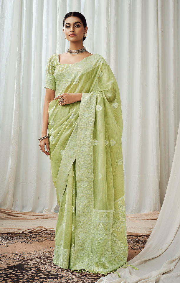 CHARKHA : Lime Green Linen Saree Linen Saree stylefables   