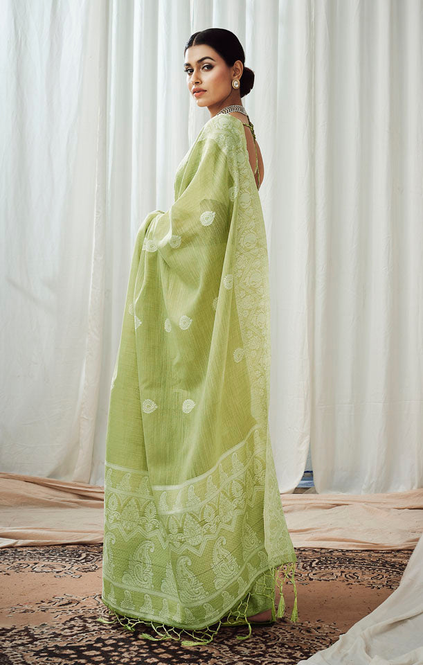 CHARKHA : Lime Green Linen Saree Linen Saree stylefables   