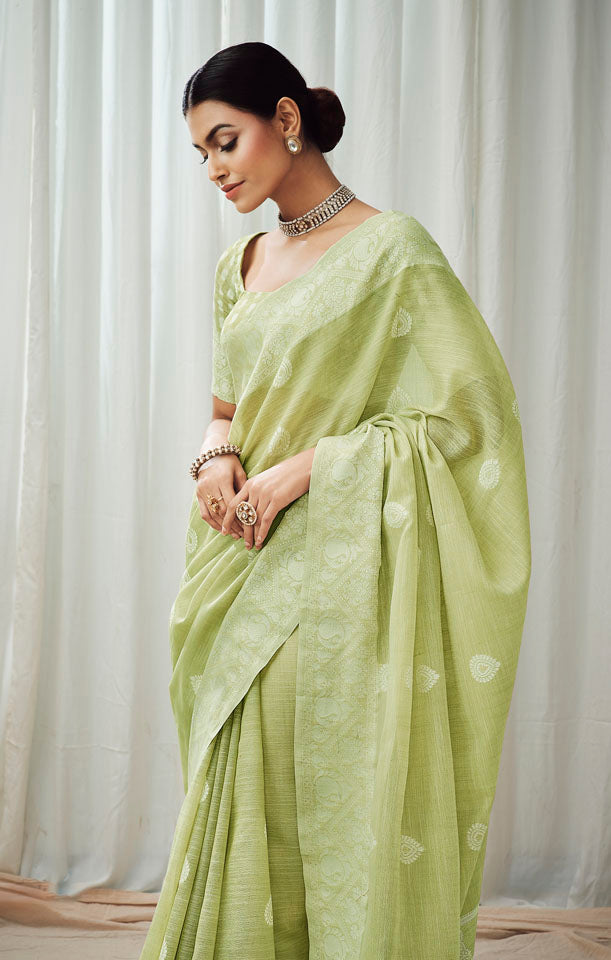 CHARKHA : Lime Green Linen Saree Linen Saree stylefables   