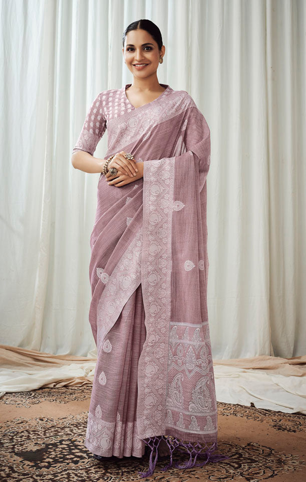 CHARKHA : Pink Linen Saree Linen Saree stylefables   