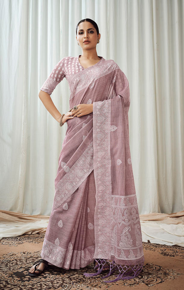 CHARKHA : Pink Linen Saree Linen Saree stylefables   