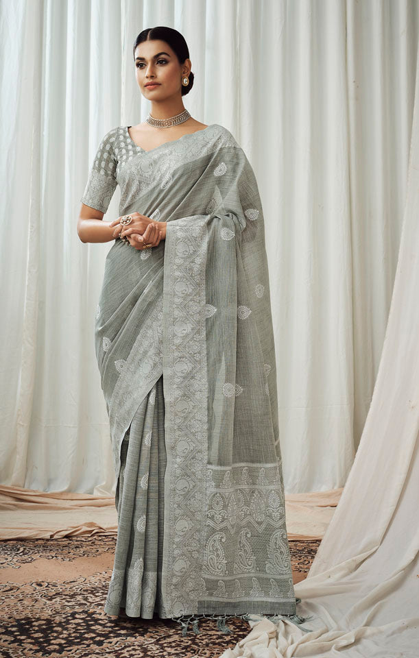 CHARKHA : Grey Linen Saree Linen Saree stylefables   