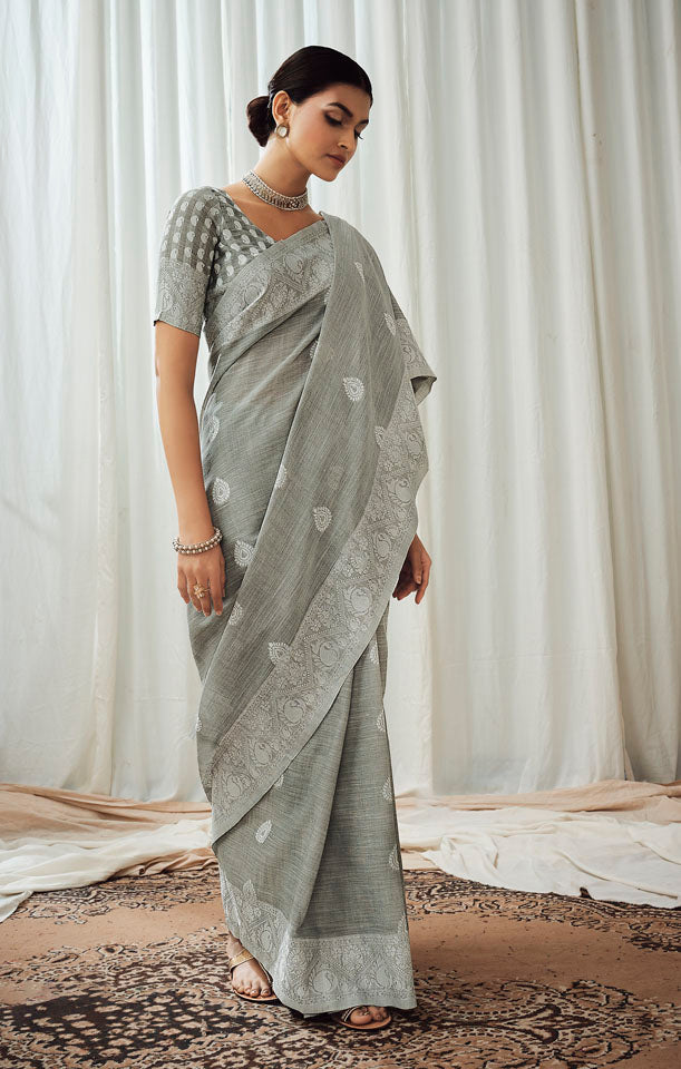 CHARKHA : Grey Linen Saree Linen Saree stylefables   