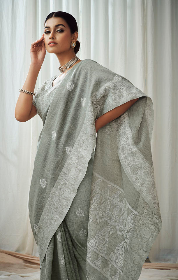 CHARKHA : Grey Linen Saree Linen Saree stylefables   