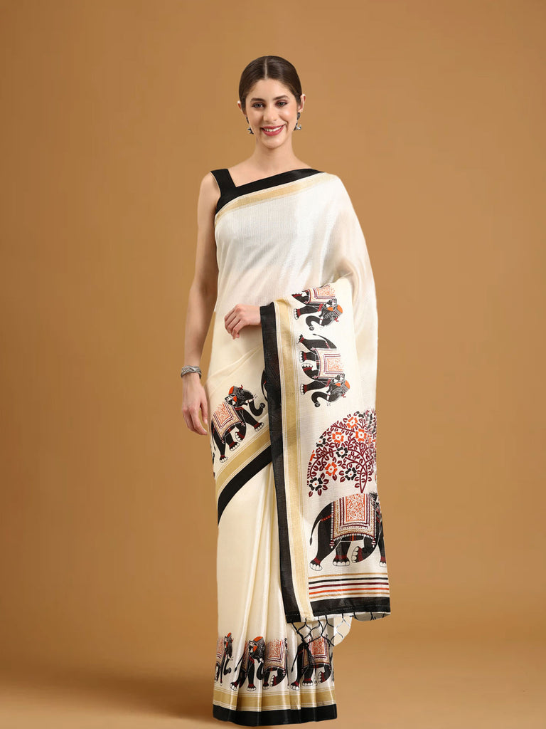 ROOTED : Ivory Banarasi Silk Saree Silk Saree stylefables   