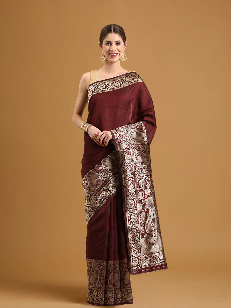 SARA : Wine Banarasi Silk Saree Silk Saree stylefables   