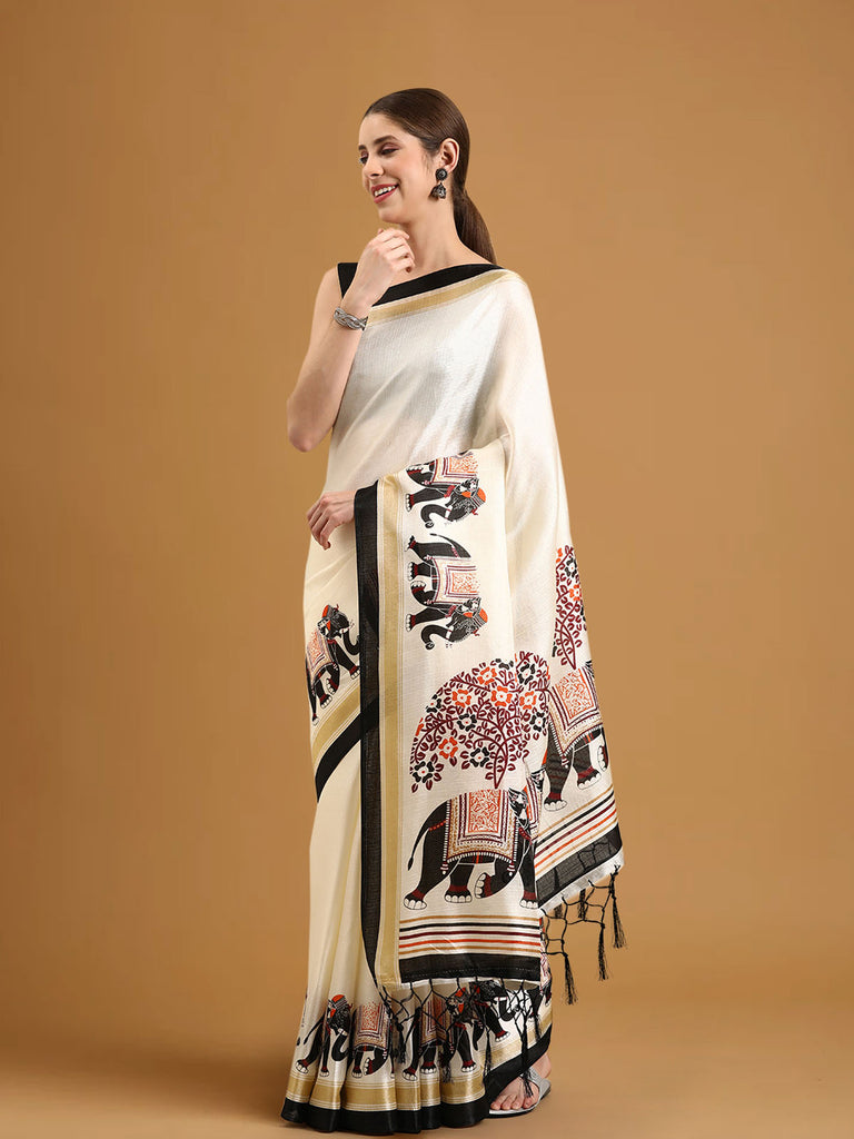 ROOTED : Ivory Banarasi Silk Saree Silk Saree stylefables   