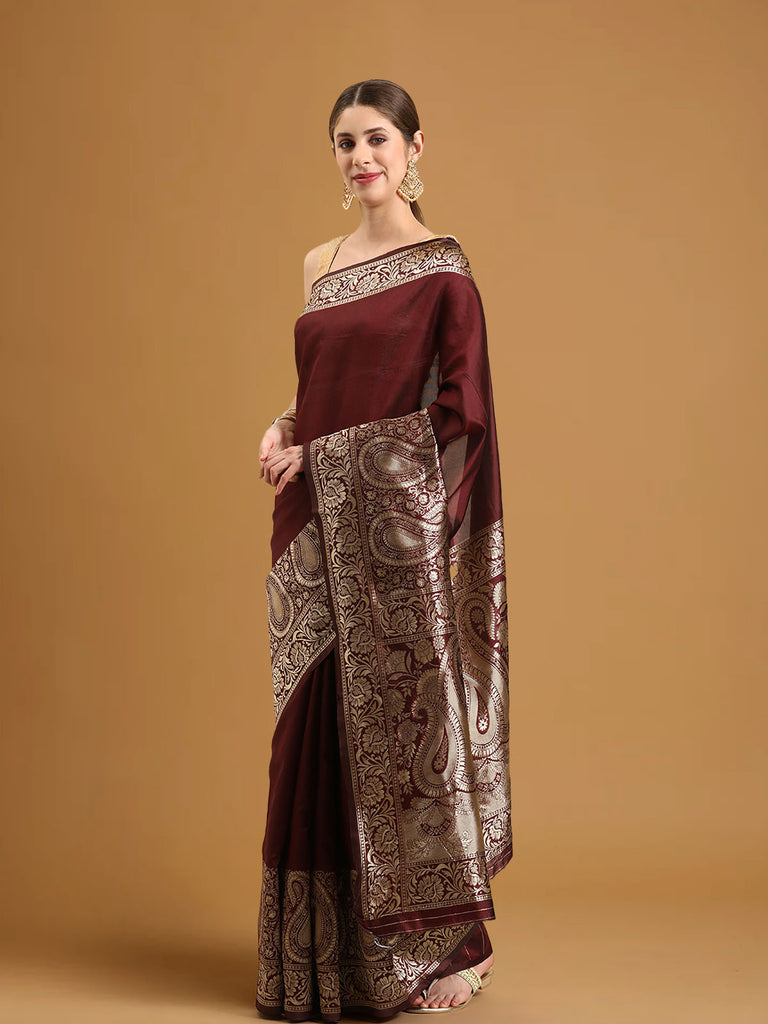 SARA : Wine Banarasi Silk Saree Silk Saree stylefables   