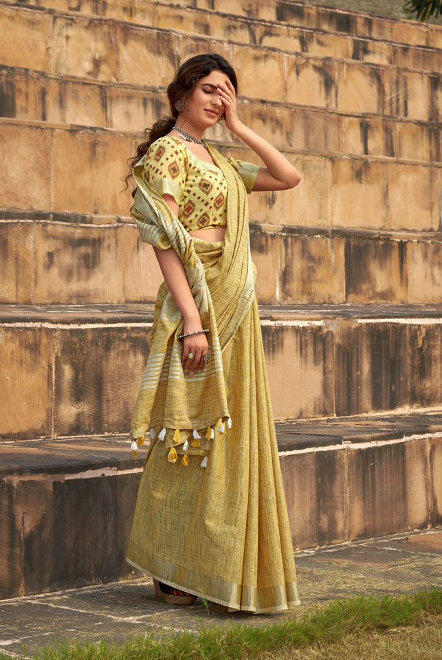 DUA : Yellow Linen Saree Linen Saree stylefables   