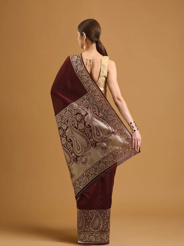SARA : Wine Banarasi Silk Saree Silk Saree stylefables   