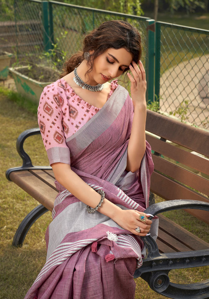 DUA : Pink Linen Saree Linen Saree stylefables   