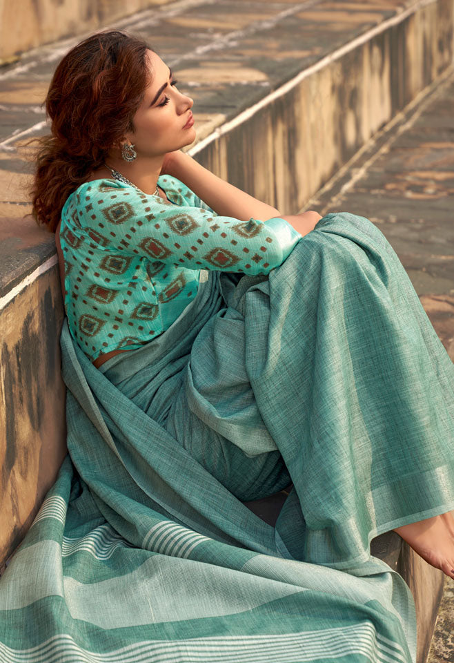 DUA : Green Linen Saree Linen Saree stylefables   