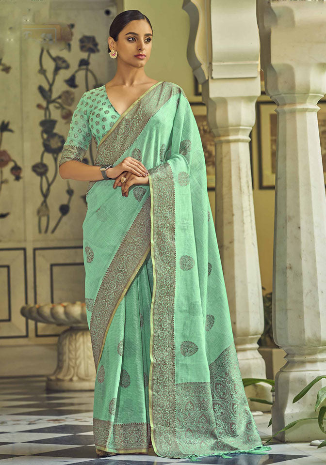 SAUMYA : Green Linen Saree Linen Saree stylefables   